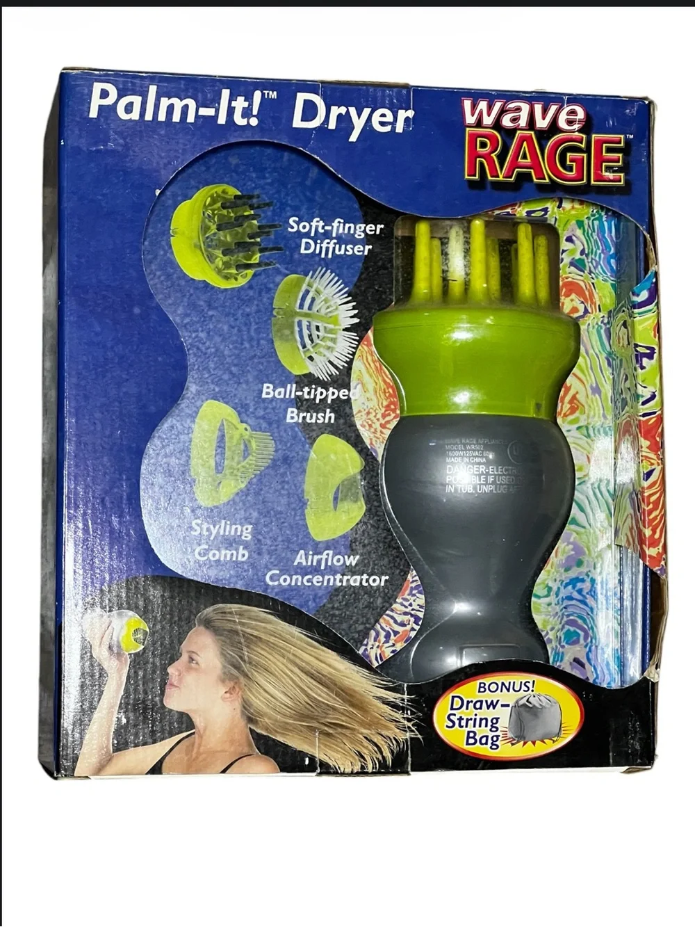 2003 NRFB Wave RAGE Palm-It! Diffuser Hair Dryer - Green and Gray Styling Set